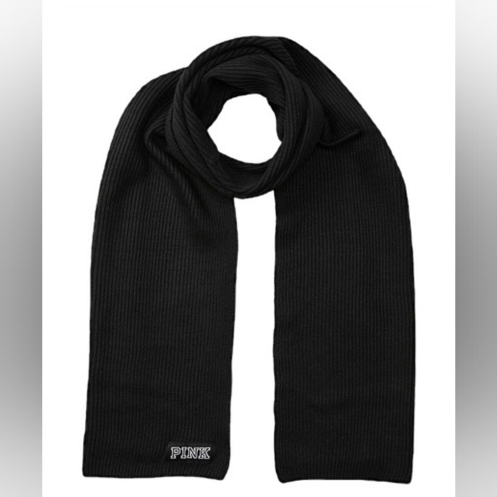 VICTORIAS SECRET PINK LOGO KNIT RIBBED WINTER SCARF Black